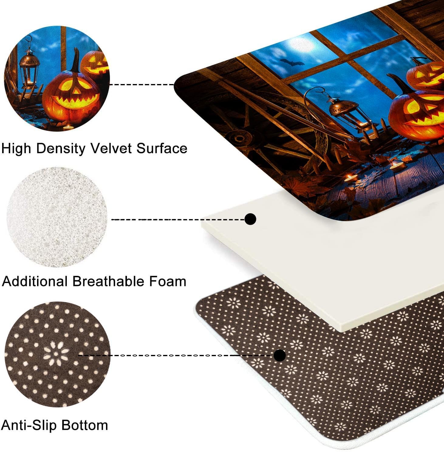 Juego de 3 alfombras y tapetes de baño de calabazas de Halloween, tapetes de baño de terror espeluznante antideslizantes, tapete de baño de espuma
