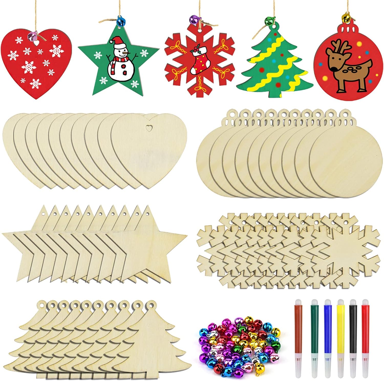 BROTOU 50 adornos de Navidad de madera, adornos de madera sin terminar para vacaciones, festivales, bodas, manualidades de Navidad para niños
