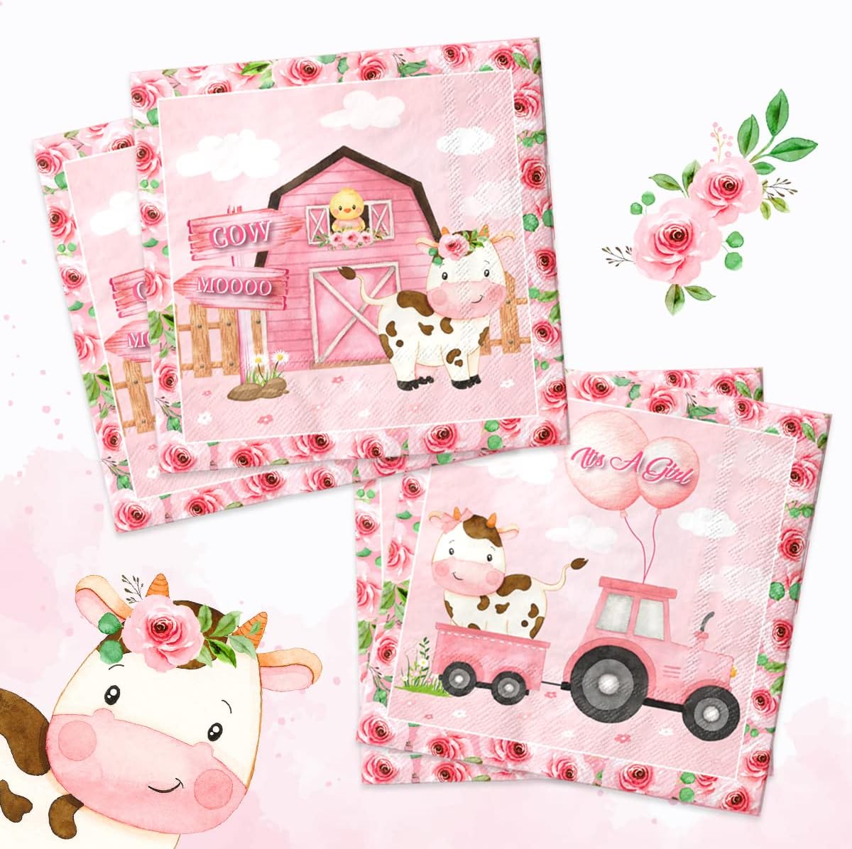 Servilletas de animales de granja, 40 unidades, decoraciones de fiesta de vaca rosa para niñas, diseño de animales de granja, servilletas de papel