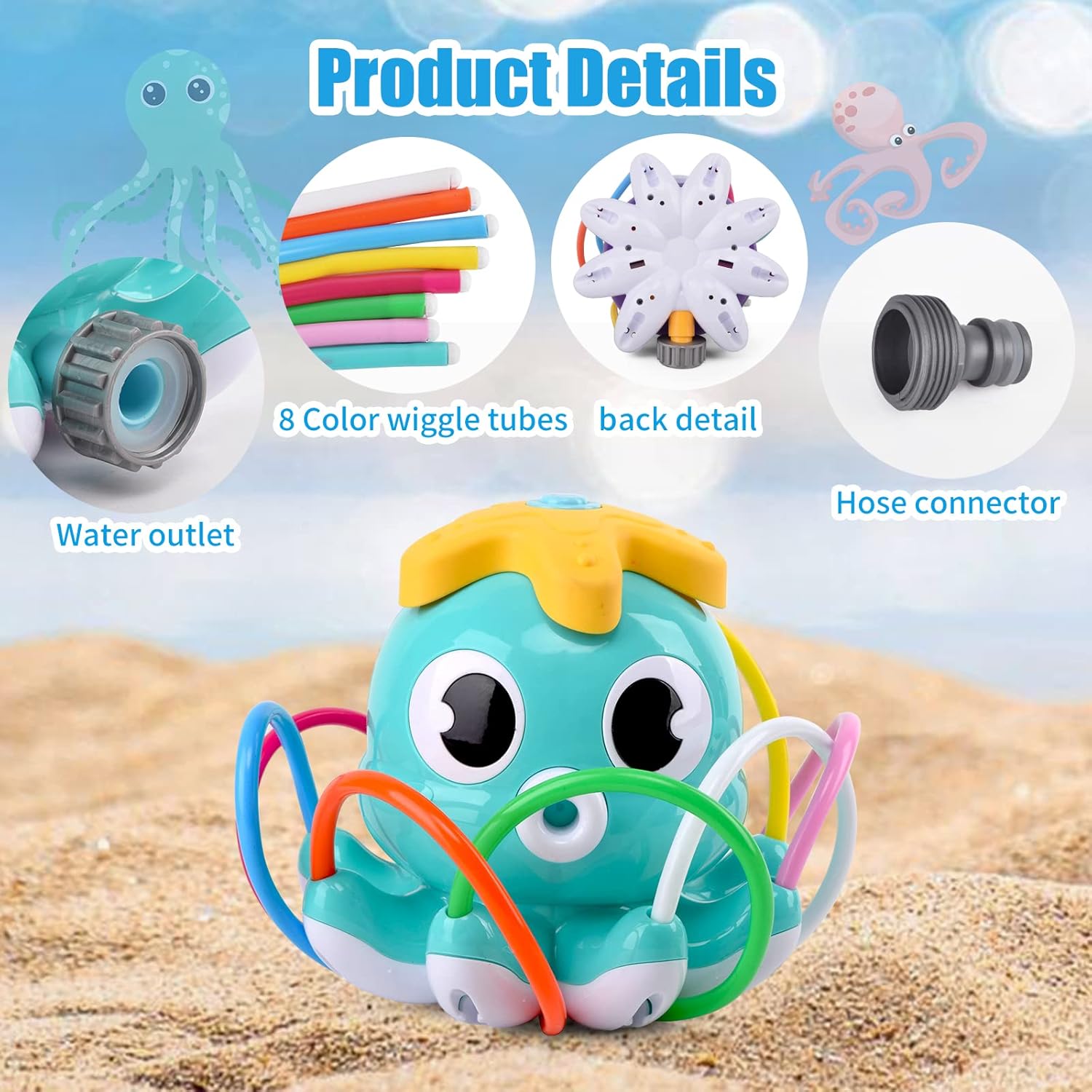 Octopus Water Sprinkler for Kids Outdoor Playwith 8 Wiggle Tubes, Summer Outside Garden Backyard Toddler Outdoor Play Toys for 3 4 5 6 7 8 Year Old