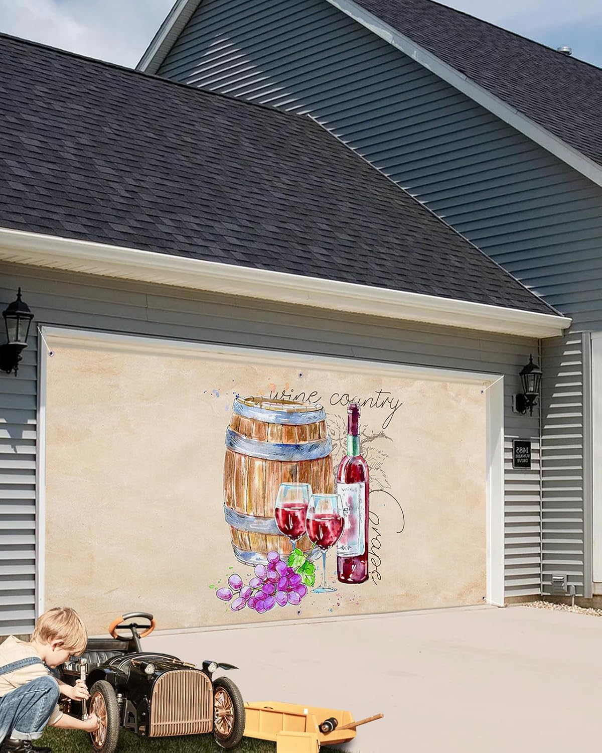 Summer Autumn Red Wine Garage Door Decorations, Farmhouse Wooden Barrel Garage Door Banner Cover with Grommets, Garage Door Mural Backdrop