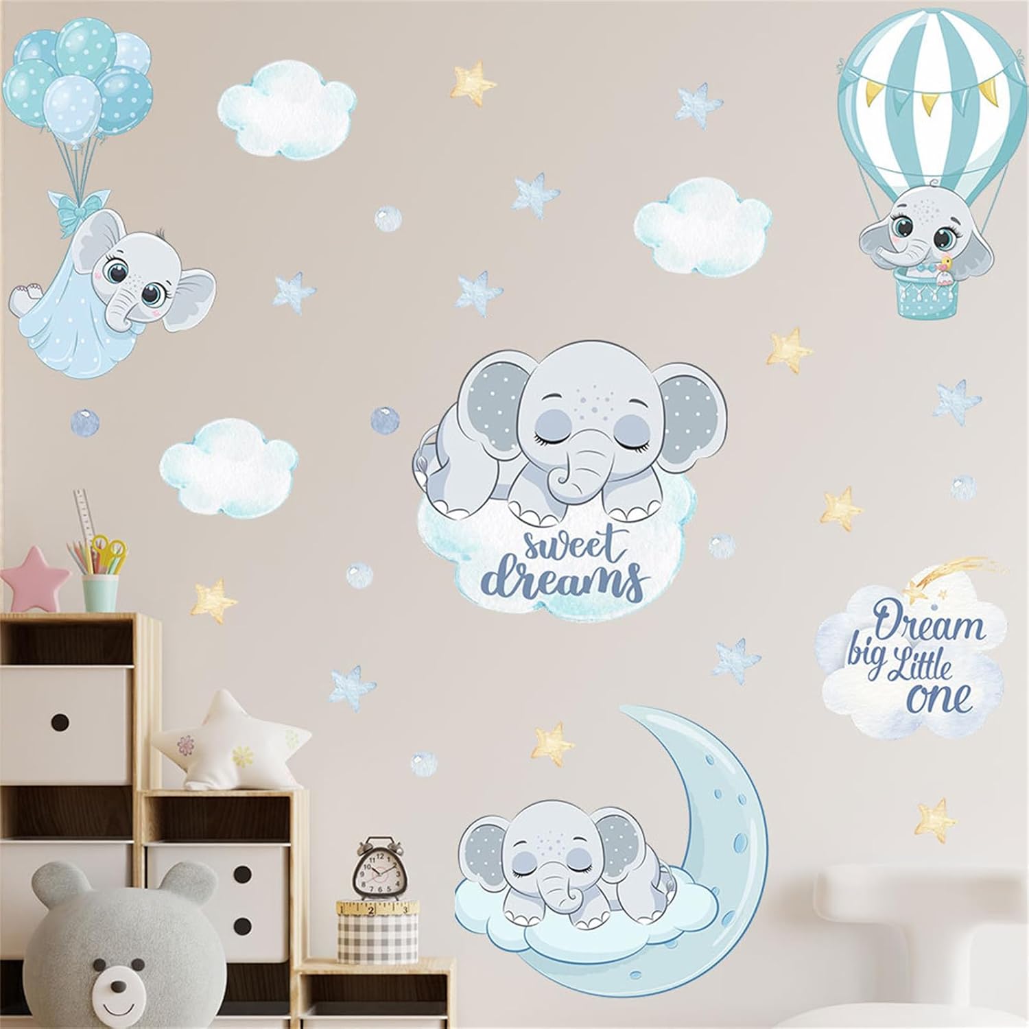 Calcomanías de pared de elefante azul con diseño de animales lindos, diseño de luna y estrellas, nube, globo de aire, papel tapiz extraíble, papel