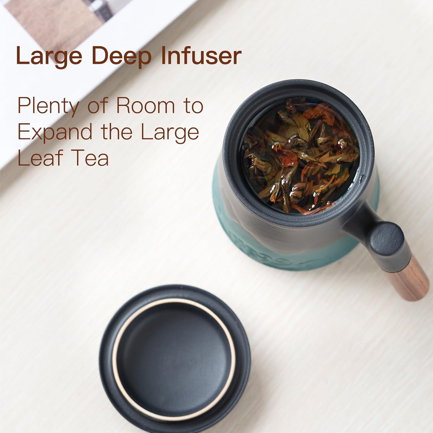 ZENS Taza de té con infusor y tapa, taza de té de cerámica con mango de palisandro, taza de té de hojas sueltas de 15.2 onzas para regalos, negro y