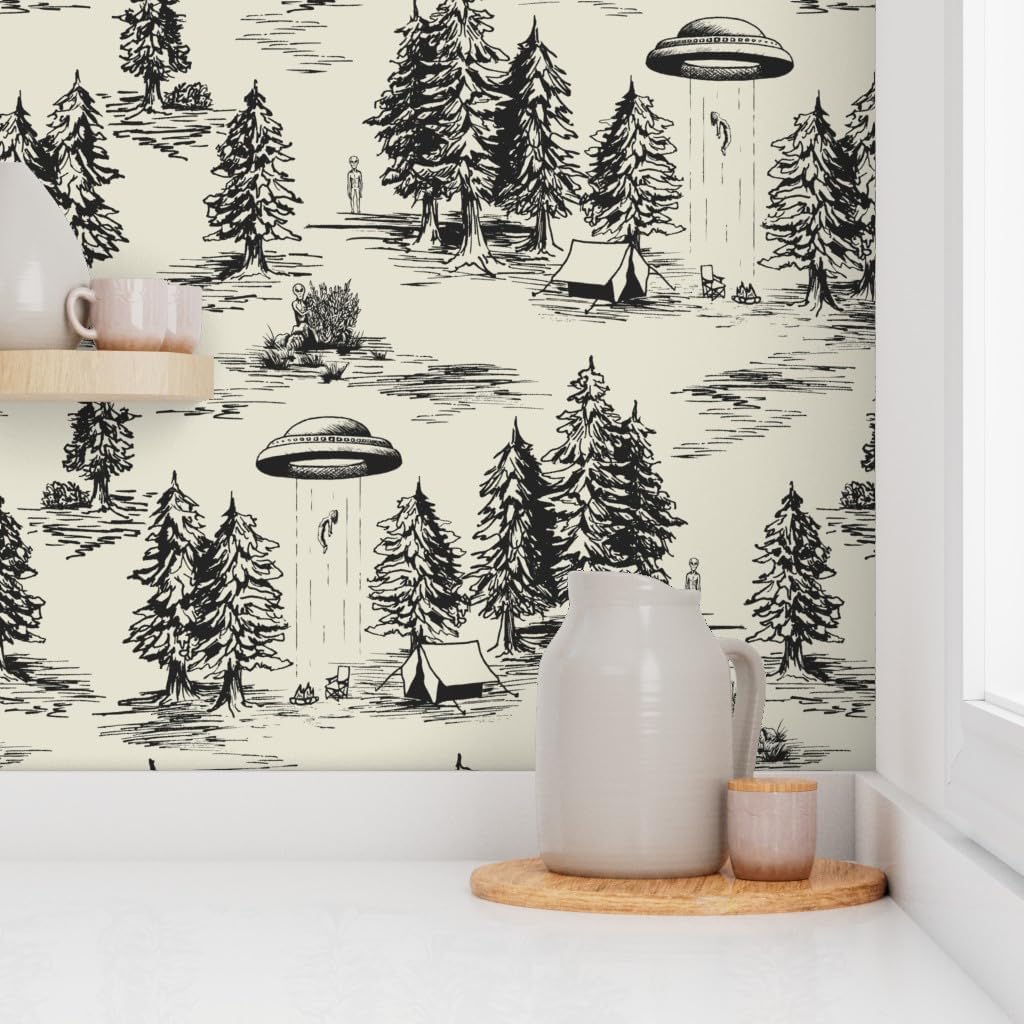Spoonflower Papel tapiz autoadhesivo de 9 x 2 pies – UFO grande negro Toile De Jouy Alien Abduction Space Camping Papel pintado extraíble