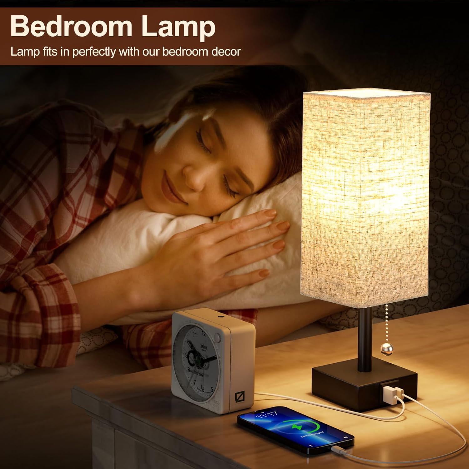 Lámpara de noche beige con puertos USB, lámpara de dormitorio con cadena de tracción para mesita de noche, lámpara de mesa pequeña con USB C + un