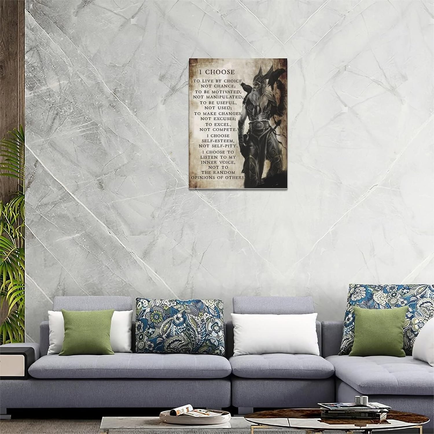 Arte de pared de guerrero vikingo samurái, decoración de pared con texto en inglés “I Choose to Live by Choice” con citas inspiradoras en lienzo,
