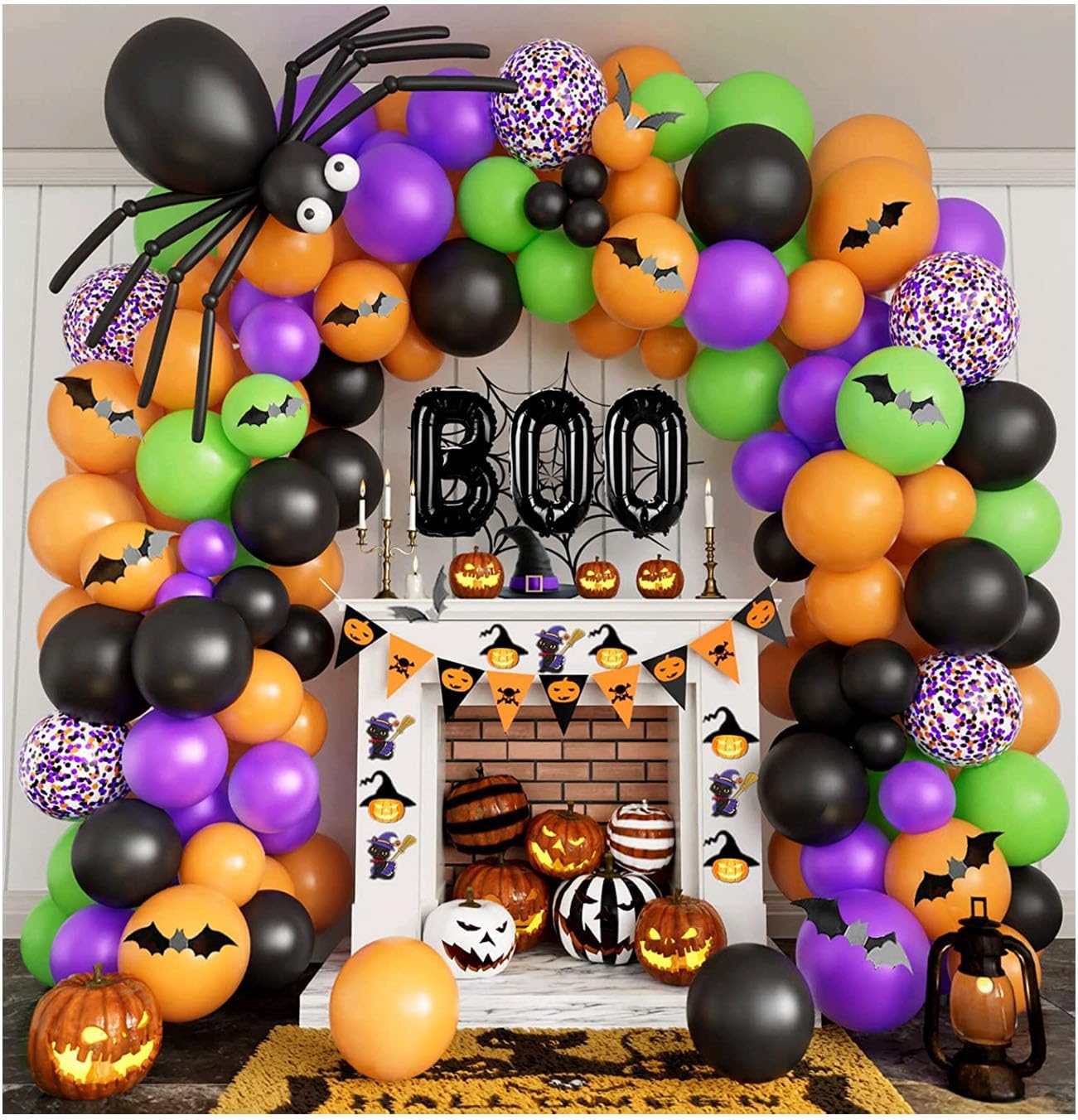 Kit de guirnalda de arco de globos de Halloween, 120 globos naranja, negro, verde, morado con murciélago de araña, globo de 12 pulgadas, 10