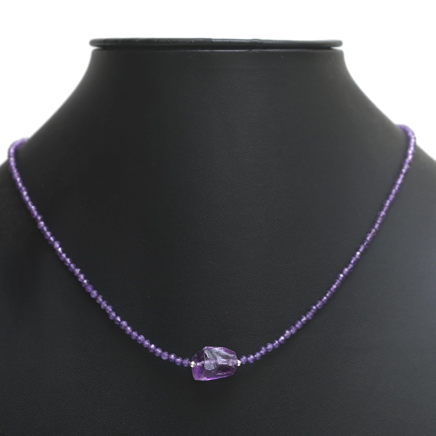 Gempires Amethyst Beaded Choker Necklace with Raw Stone, Amethyst Faceted Beads 2.4-2.5 mm, February Birthstone, 18 inches Adjustable Silver Plated