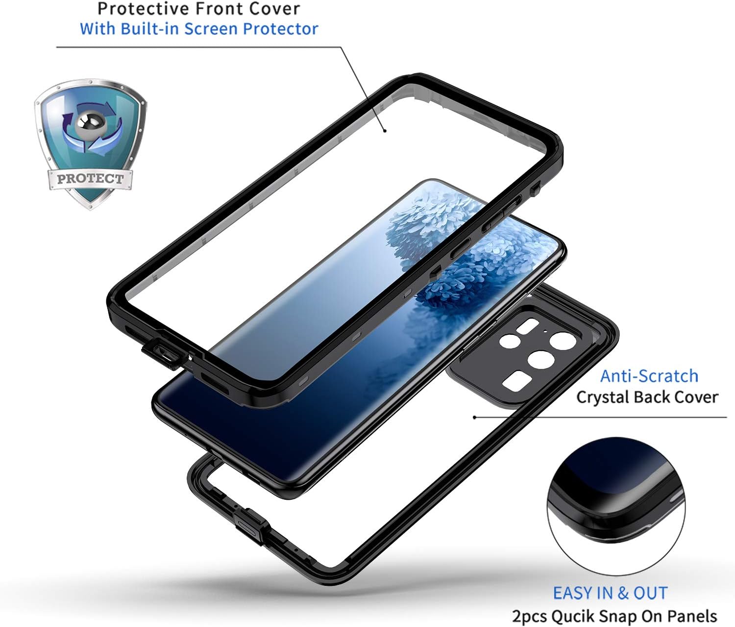 Lanhiem Funda para Galaxy S20 Ultra, protector de pantalla integrado IP68 impermeable a prueba de polvo, cuerpo completo, resistente, a prueba de
