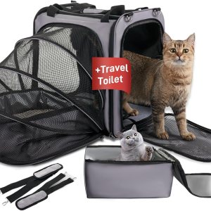 Transportador de viaje grande para gatos con caja de arena para gatos, transportador portátil expandible para gatos con caja de arena plegable a Transportador de viaje grande para gatos con caja de arena para gatos, transportador portátil expandible para gatos con caja de arena plegable a