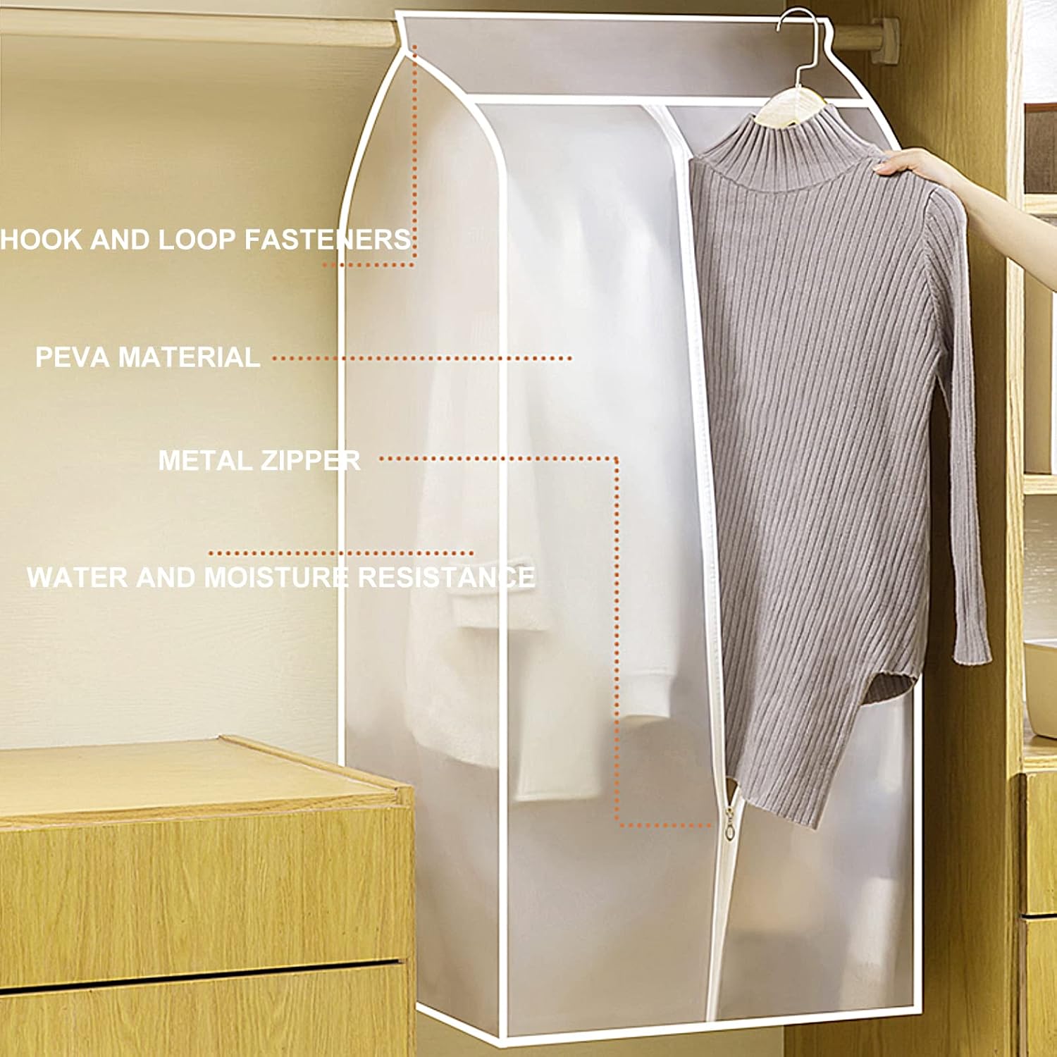 Paquete de 2 bolsas grandes transparentes para colgar ropa de 43 pulgadas para almacenamiento de ropa bien sellada, cubierta antipolvo con para