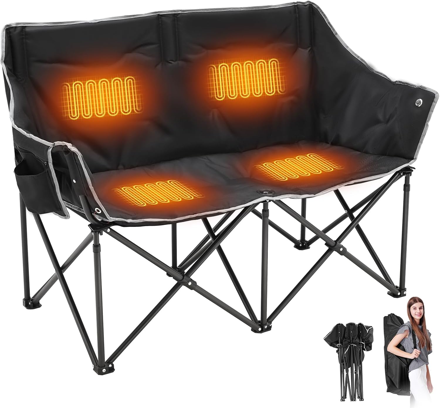 NAIZEA Silla de camping doble con calefacción, silla plegable para 2 personas, sillas térmicas portátiles para deportes al aire libre con 3 niveles