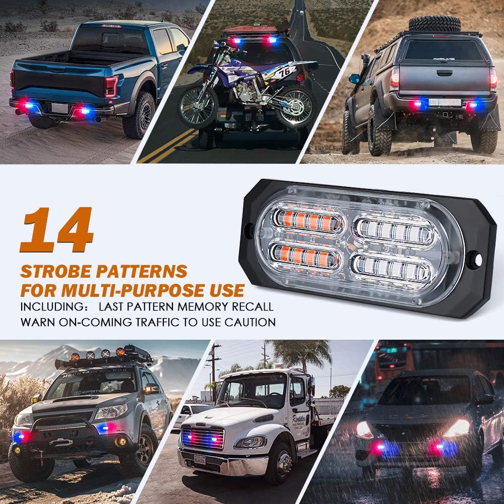 Xprite Kit de luces estroboscópicas de emergencia de 20 luces LED de montaje empotrado en superficie roja y azul, para salpicadero, parrilla,