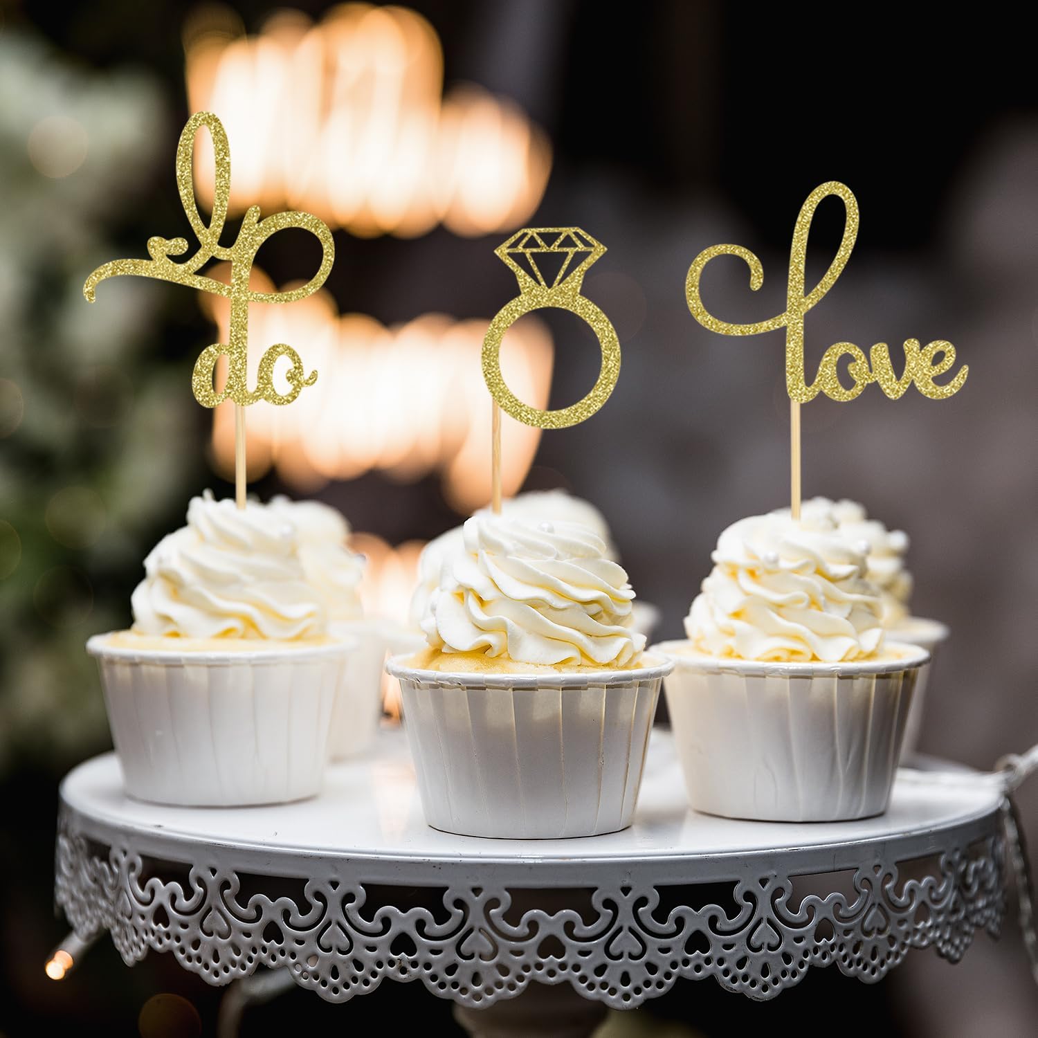 48 piezas de anillos de diamantes con purpurina para cupcakes Love I Do para decoración de bodas, despedidas de soltera, fiestas de compromiso,