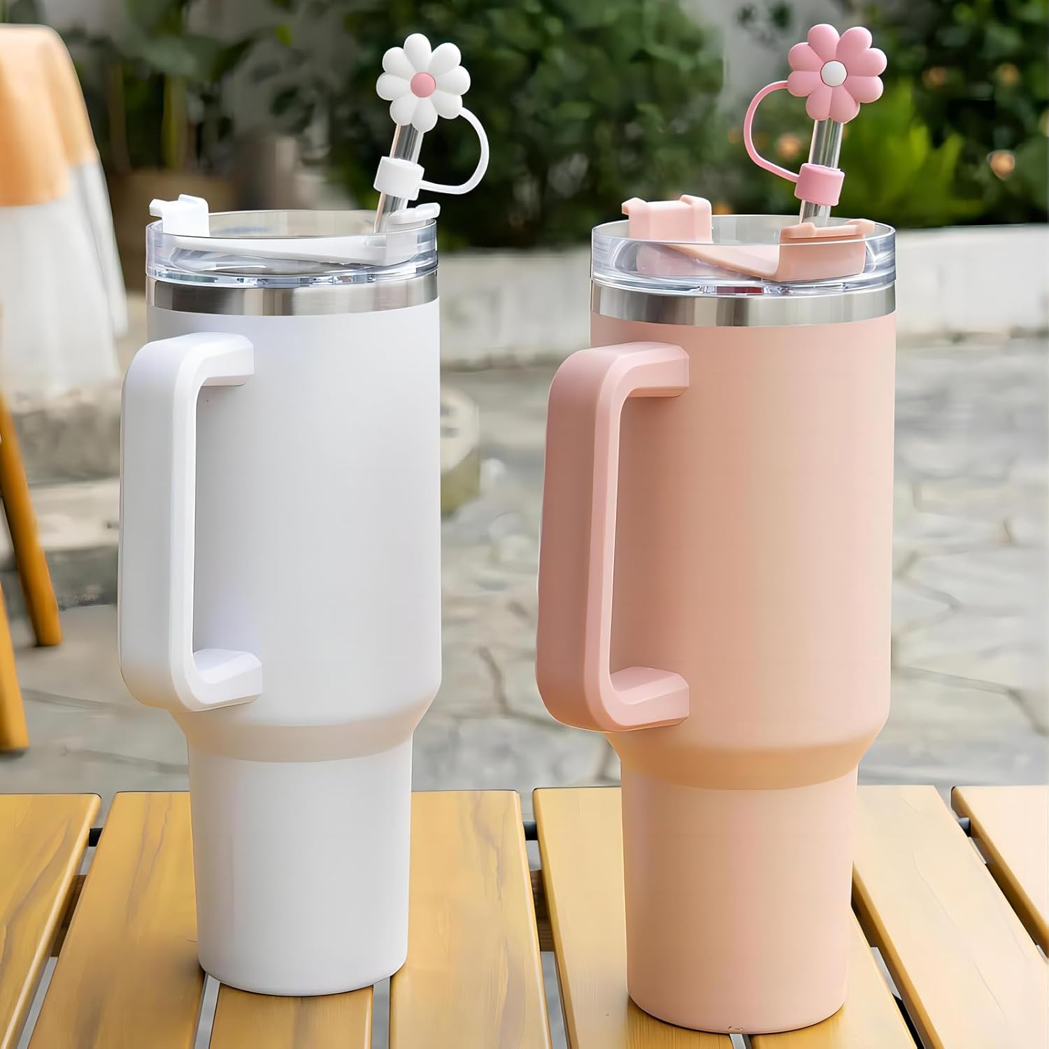 Paquete de 5 adornos de paja para Stanley Cup Cute, funda de popote de silicona compatible con vaso Stanley de 30 y 40 onzas con asa (flor)