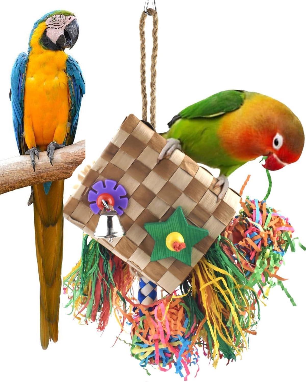 Bissap Juguetes para masticar pájaros, trituradora de forraje de loro, palmera natural, jaula colgante de juguete para conure Lovebird Budgie