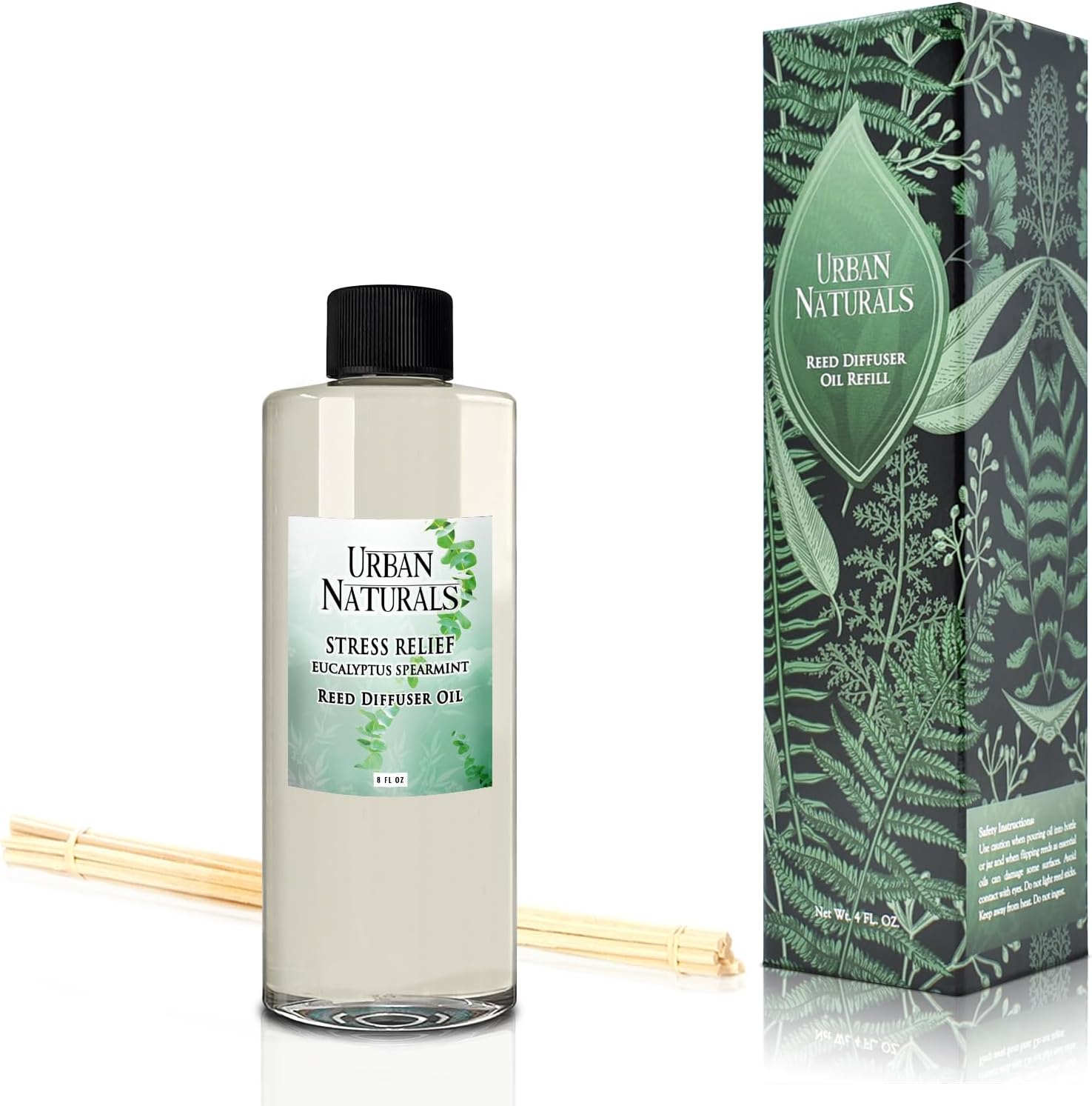Urban Naturals Recambio de difusor de varillas de aceite esencial de eucalipto de menta verde para aliviar el estrés, tamaño grande de 8 onzas,