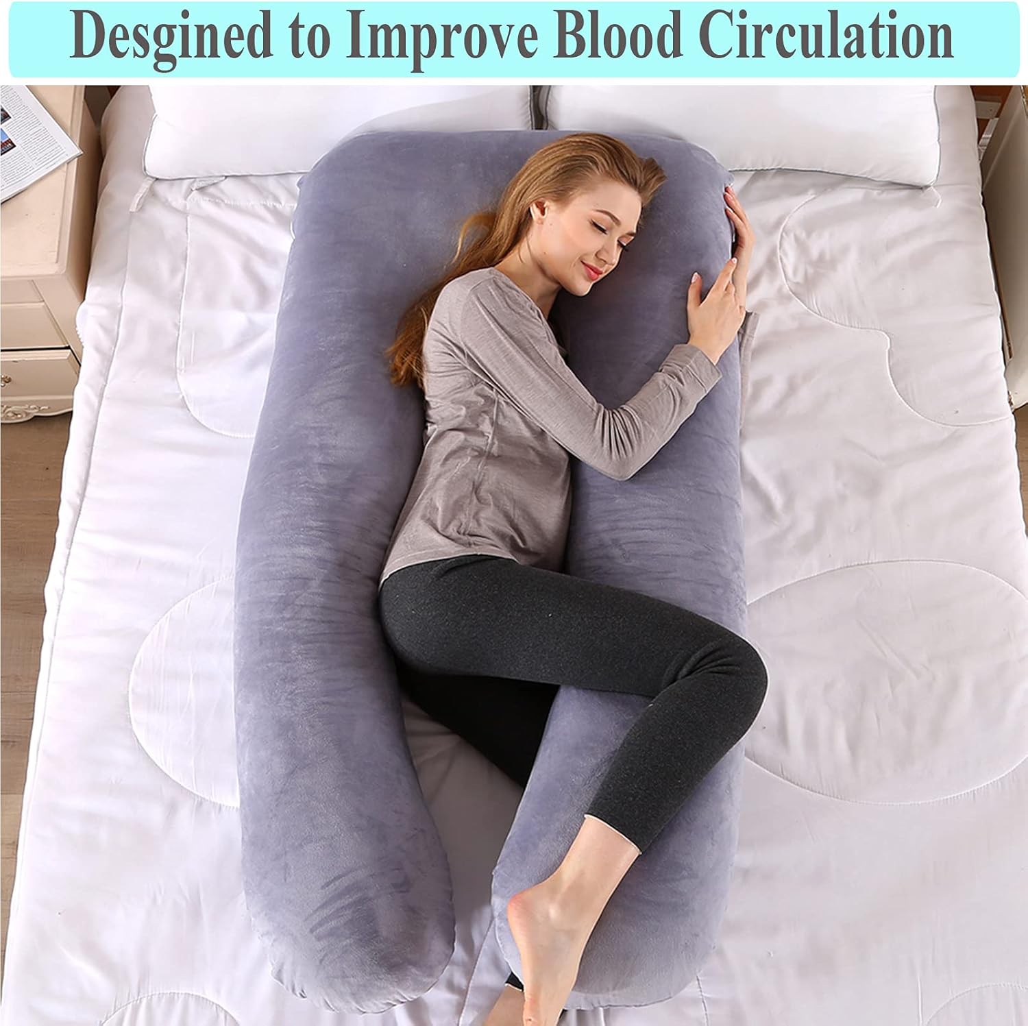Almohada de embarazo, almohada de cuerpo completo en forma de U con funda extraíble de terciopelo, almohada de cama múltiple de 51 pulgadas,