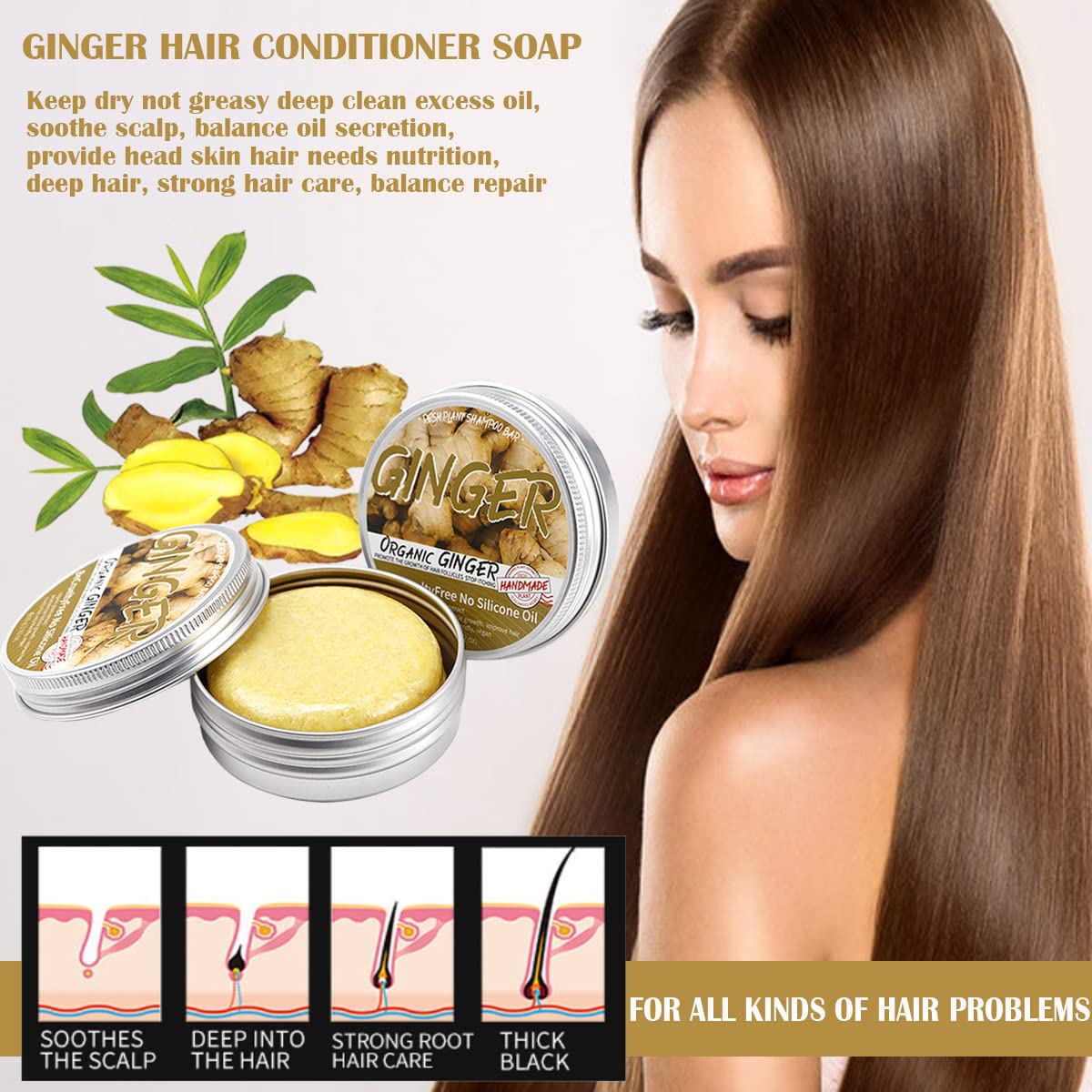 Barra de champú para el crecimiento del cabello de jengibre, champú de jengibre natural contra la caída del cabello promueve el crecimiento del