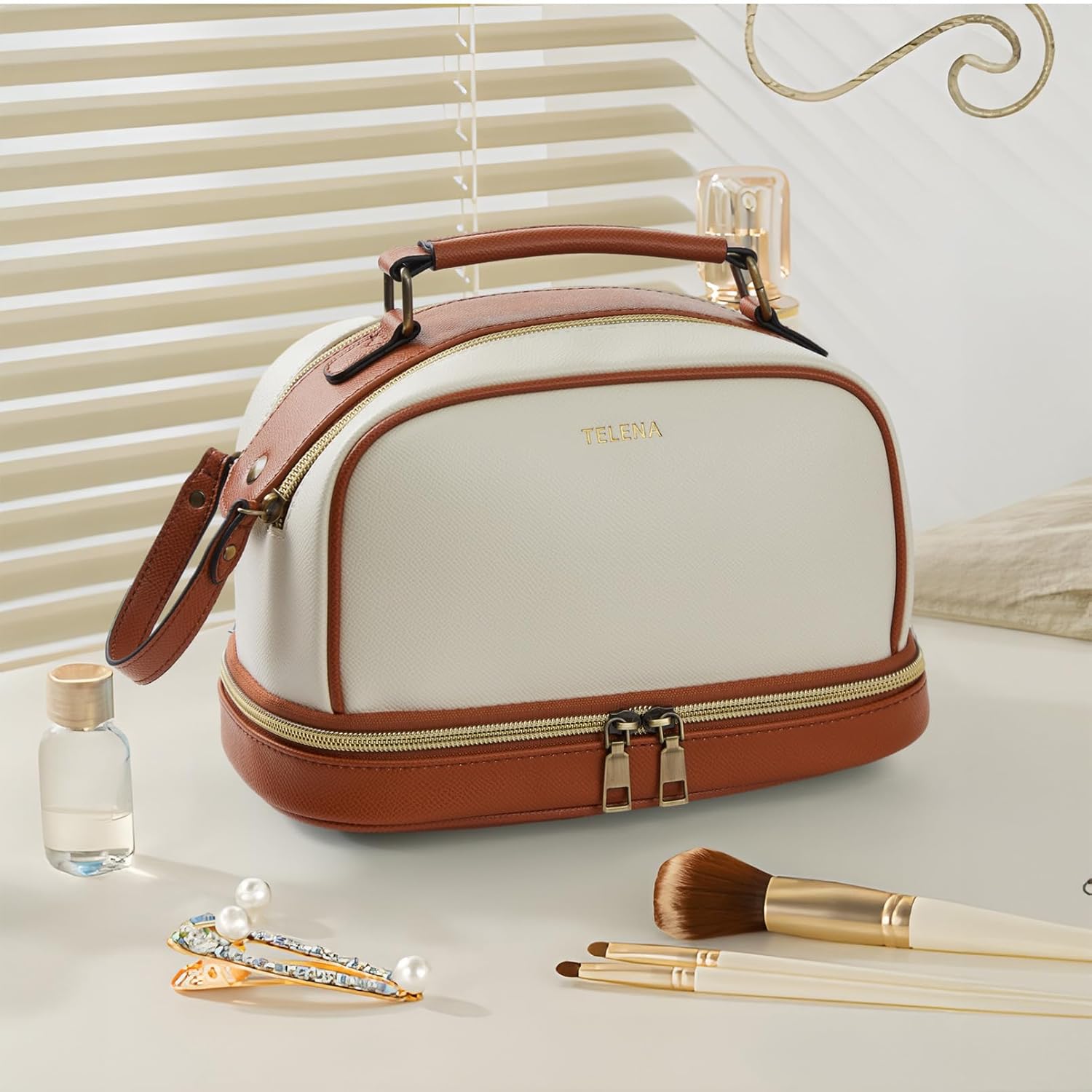 Telena Neceser de viaje para maquillaje, bolsas de cosméticos para mujeres, impermeable, de piel sintética, organizador portátil de gran capacidad,