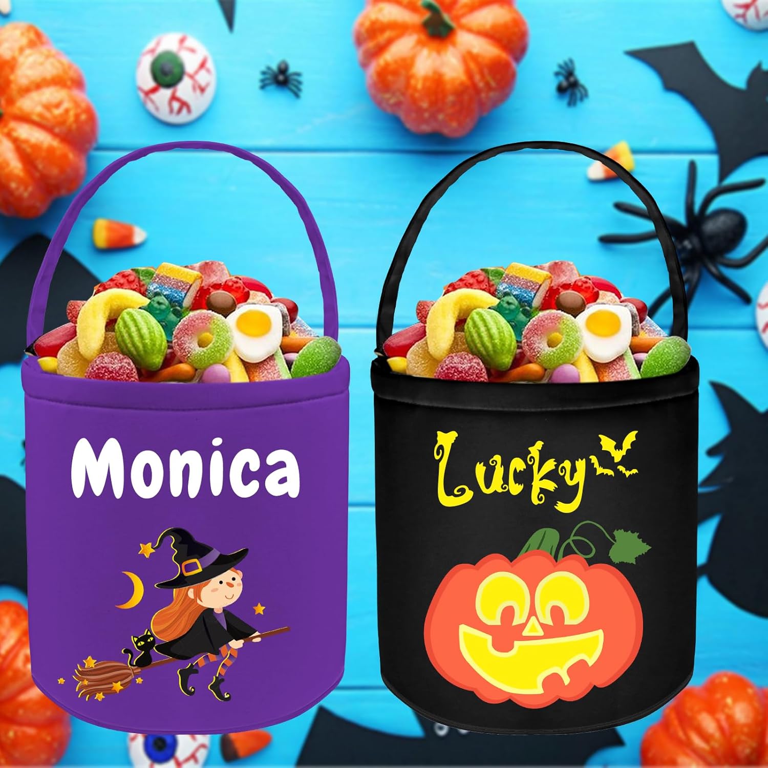 Cubo de Halloween personalizado con nombre, 12 patrones impresos, cestas de truco o trato para niños, cesta de fiesta de dulces personalizada para