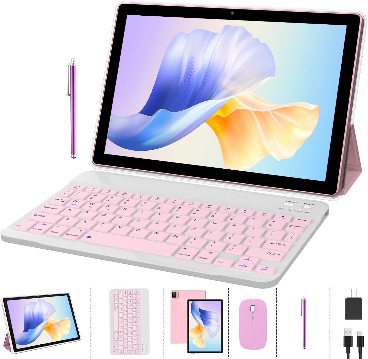 Tableta 2 en 1 con funda para teclado, mouse y lápiz capacitivo, 10 pulgadas Tablet Android 11.0 Tablets PC Set, 4GB RAM+64GB ROM Tableta