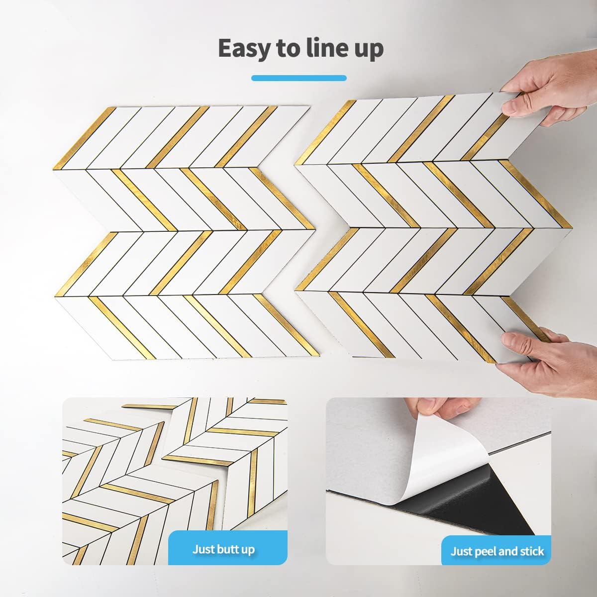 Art3d 1 hoja de espiga para despegar y pegar, azulejos de mármol autoadhesivos para azulejos de pared para cocina, baño. (metal dorado mezclado
