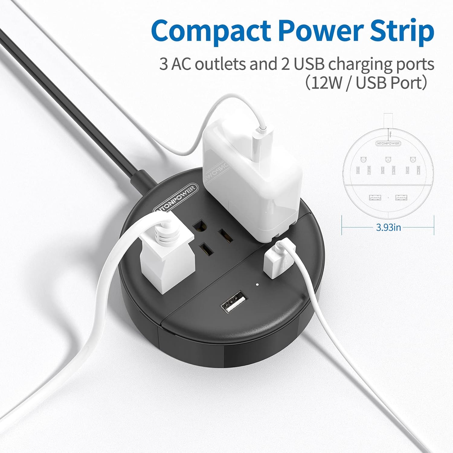 NTONPOWER Regleta de alimentación de 2 clavijas, adaptador de salida de 2 clavijas a 3 clavijas, cable de extensión de 2 clavijas de 5 pies, enchufe