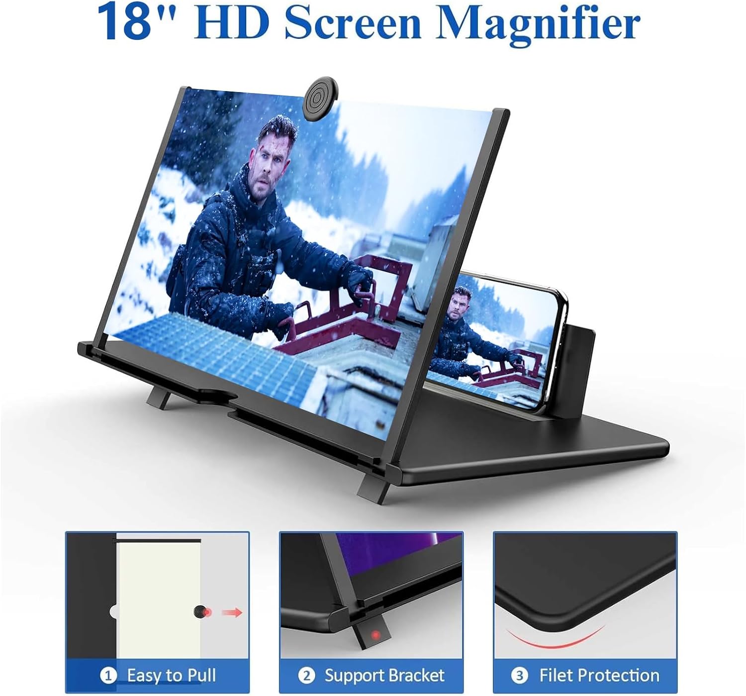 Lupa de pantalla de 18 pulgadas para teléfono inteligente – Proyector de aumento de pantalla de teléfono móvil HD 3D para películas, videos y