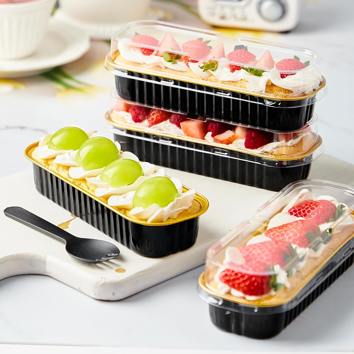 Mini moldes para pan de 6.8 onzas con tapas y tenedores, paquete de 50 recipientes rectangulares de papel de aluminio para hornear pasteles, moldes