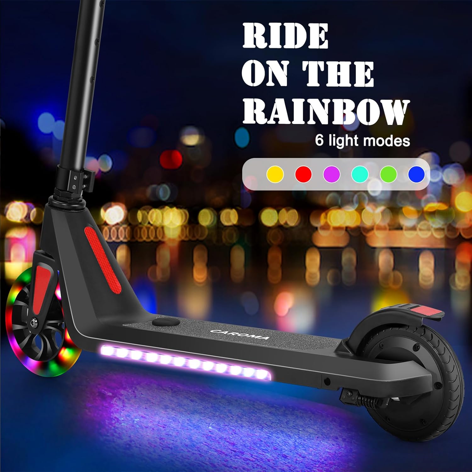 Caroma Scooter eléctrico para niños de 6 a 14 años, motor de 150 W, 10 mph, 80 minutos de tiempo de conducción, velocidad y altura ajustables, luces