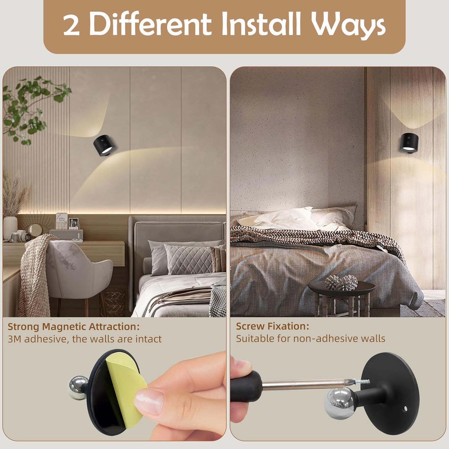 Aplique de pared LED arriba y abajo doble lámpara con 4 brillo regulable, 3 colores, bola magnética extraíble inalámbrica de rotación de 360,