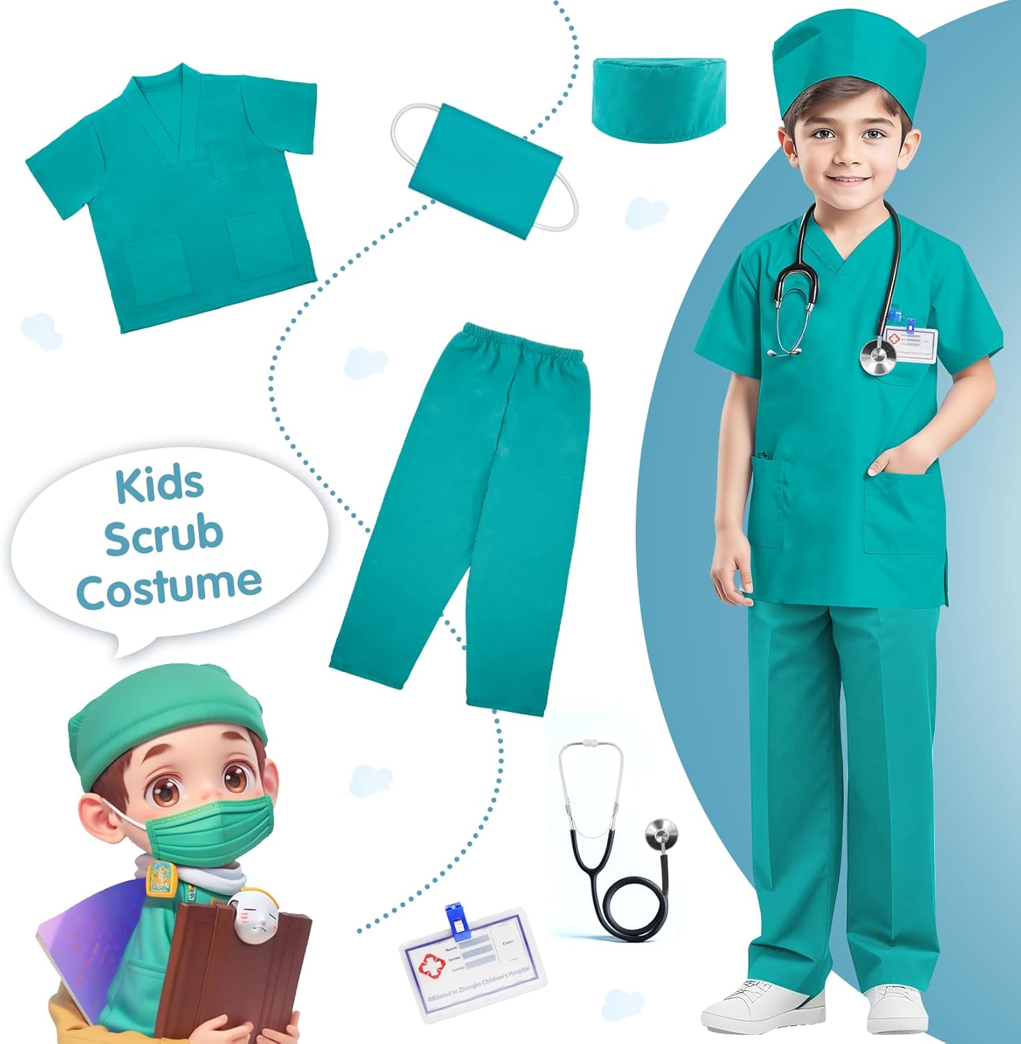 RioRand Disfraz de médico para niños, enfermeras con accesorios, disfraz de Navidad para niños y niñas de 3 a 11 años