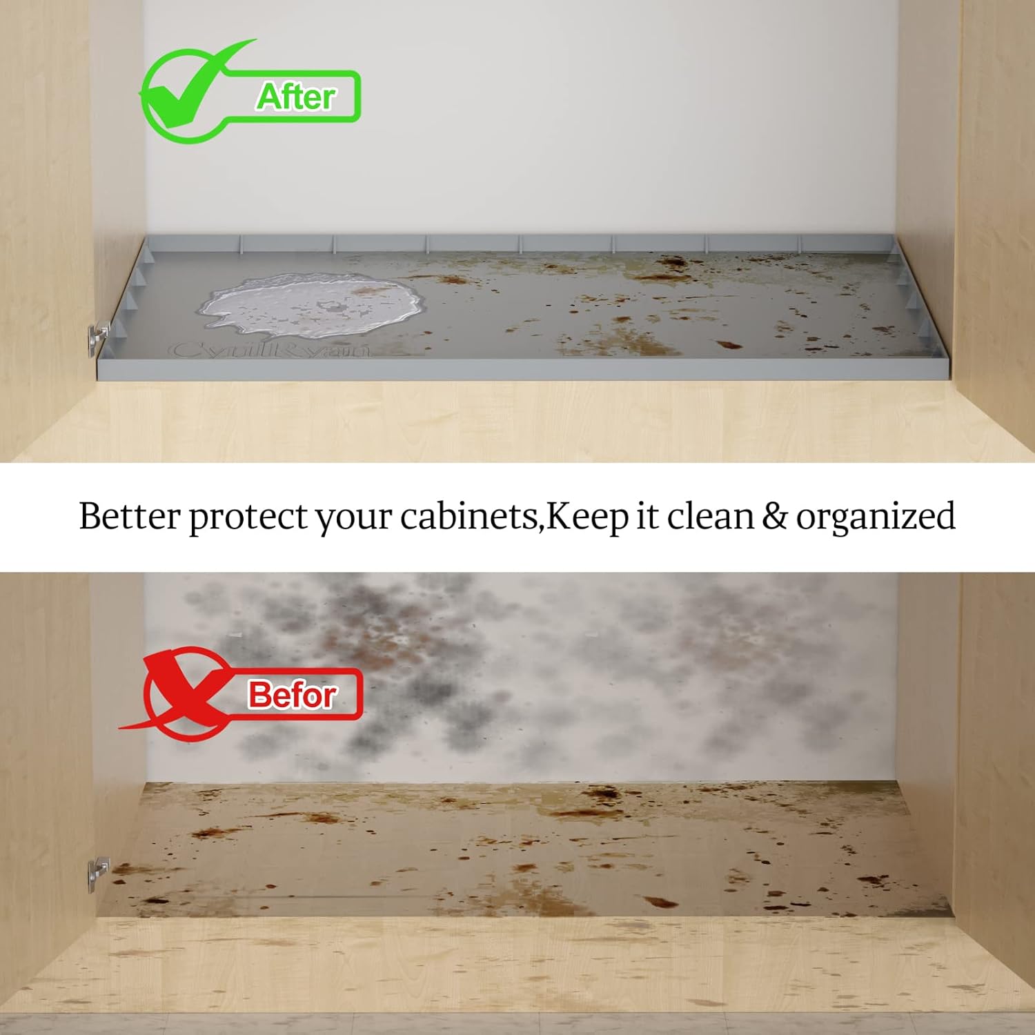 Tapete impermeable para debajo del fregadero para gabinetes de 36 pulgadas, tapete de goma de cocina, soporta más de 3.3 galones, protector de fugas