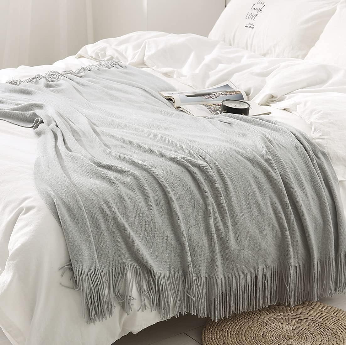Homiest – Manta decorativa de punto con flecos, manta ligera tejida de acrílico, manta suave y acogedora con borlas para sofá, sillón, cama (gris