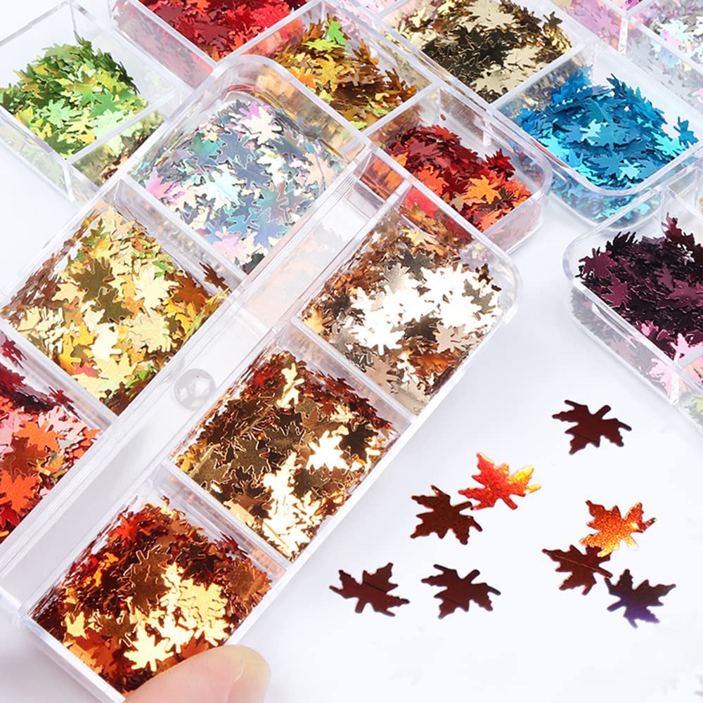 Arte de uñas de hoja de arce, brillantina, arte de uñas de otoño, holográfico 3D, 6 colores, láser de hojas de otoño, calcomanías de lentejuelas de