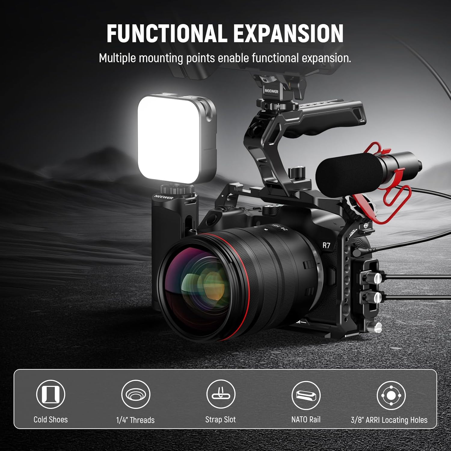 NEEWER Jaula para cámara R7 compatible con Canon EOS R7, soporte de video de aluminio con abrazadera de cable HDMI, riel OTAN, zapata fría, ARRI de