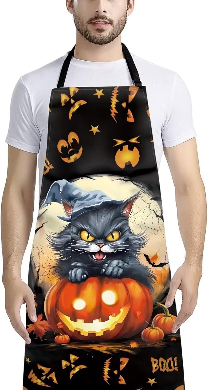 Delantal ajustable con patrón de girasoles de amor, resistente al agua, con 1 bolsillos, Gatos negros y calabazas de Halloween 1