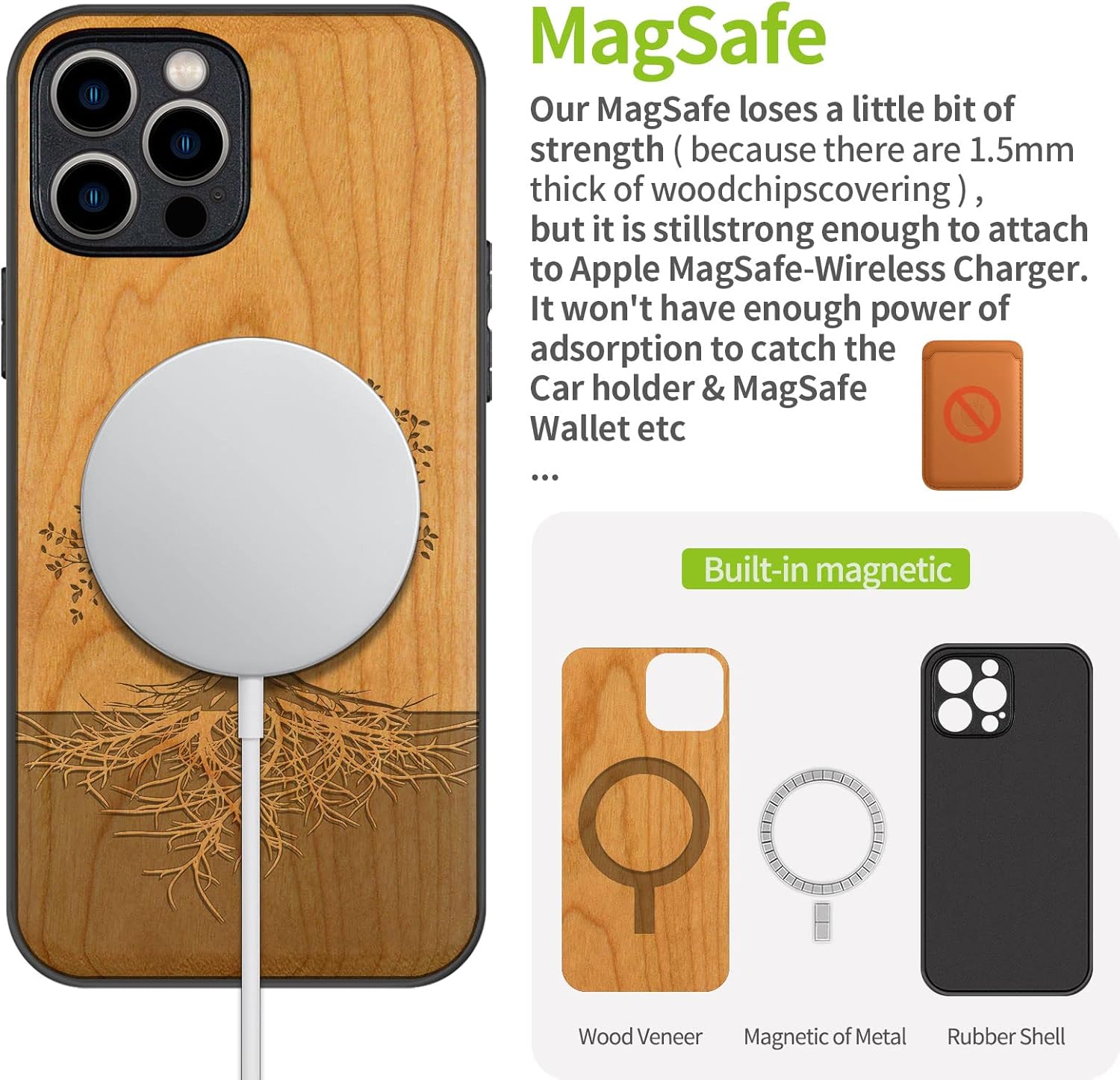 Carveit Funda magnética de madera para iPhone 12 Pro madera real dura y TPU suave negro a prueba de golpes, funda de madera única y elegante