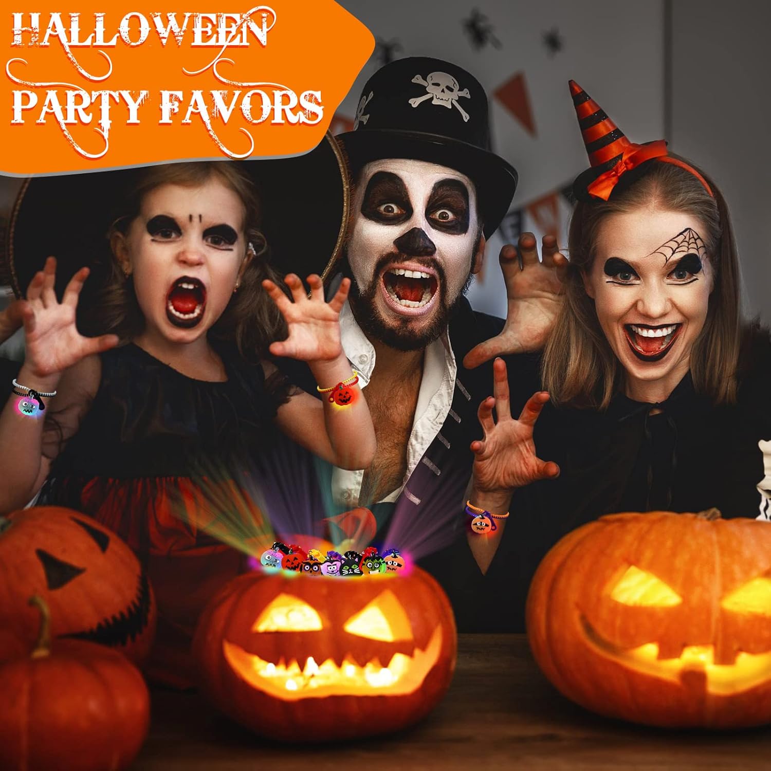 Capoda Juego de pulseras de Halloween para fiestas de Halloween, pulseras de truco o trato para niños y niñas, rellenos de bolsas de golosinas de