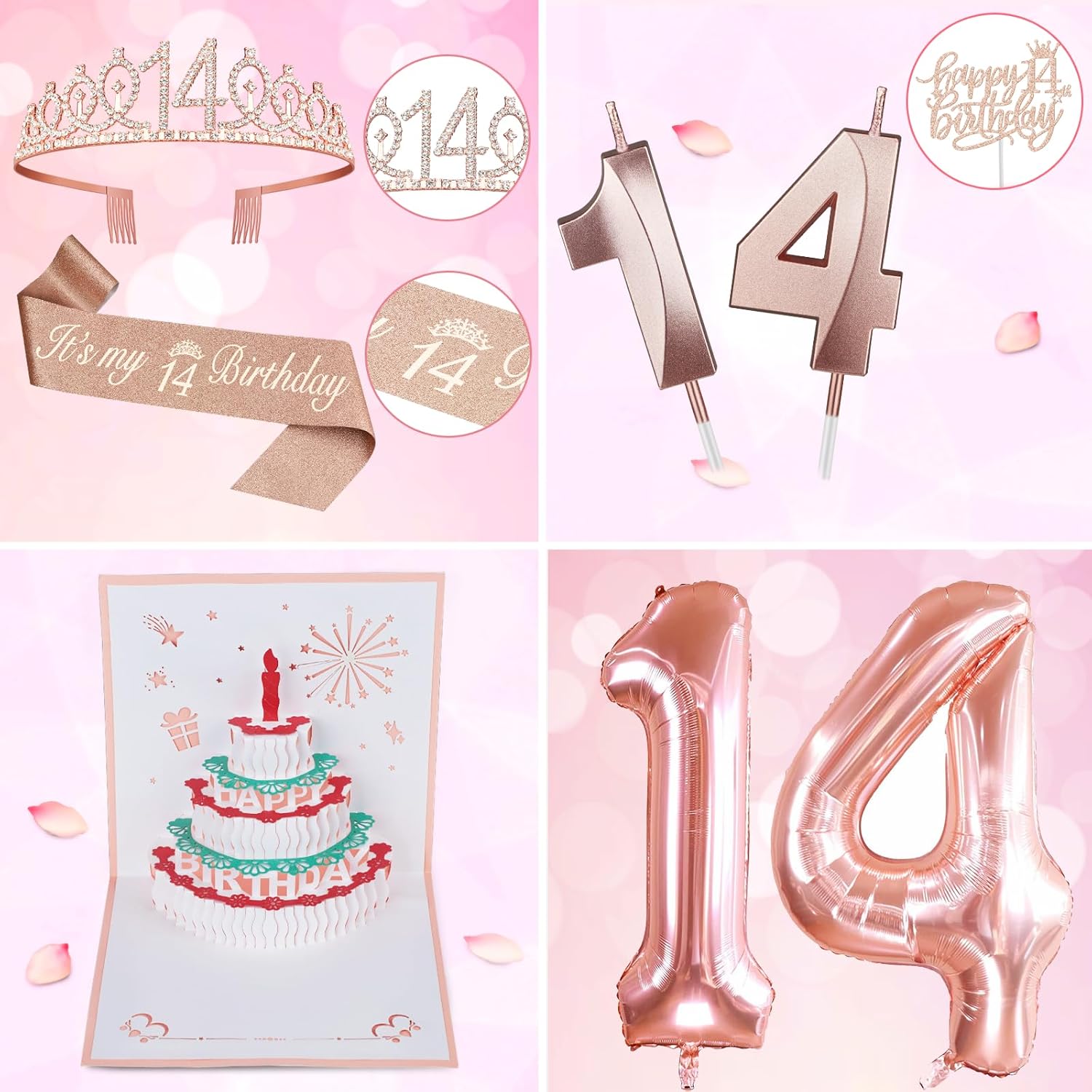 Decoraciones de cumpleaños número 14 para niñas, incluyendo banda y tiara de cumpleaños 14, velas de cumpleaños 14 y adornos para pasteles, globos