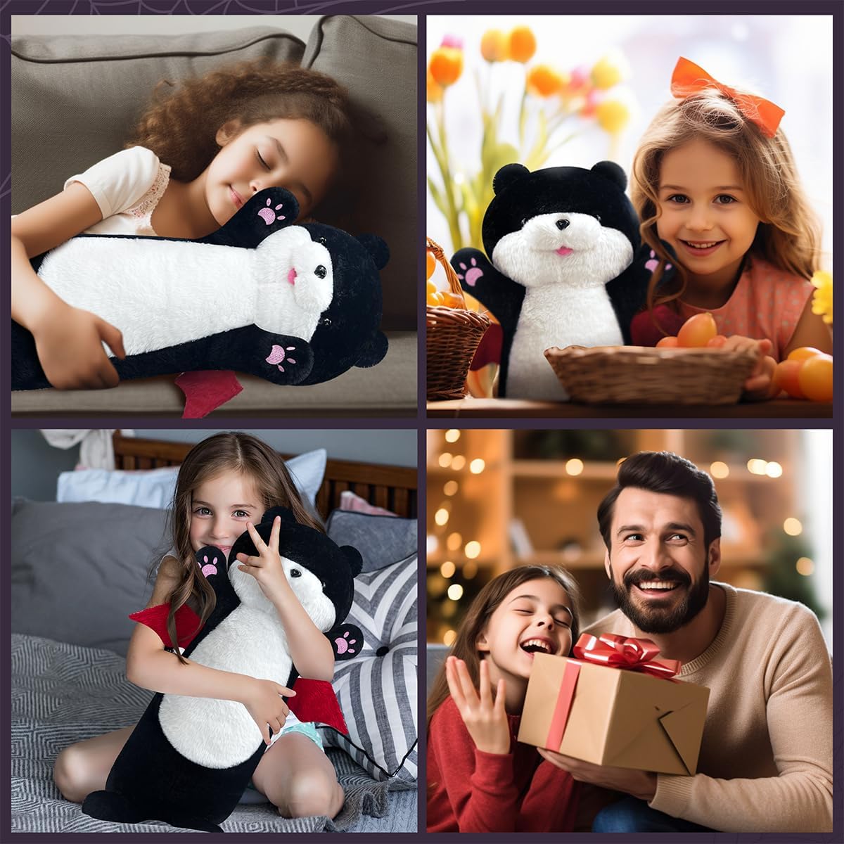Almohada corporal larga de felpa de gato negro de 26 pulgadas, peluche de gato gigante, peluches de Halloween, lindo y suave bebé con peso de nutria