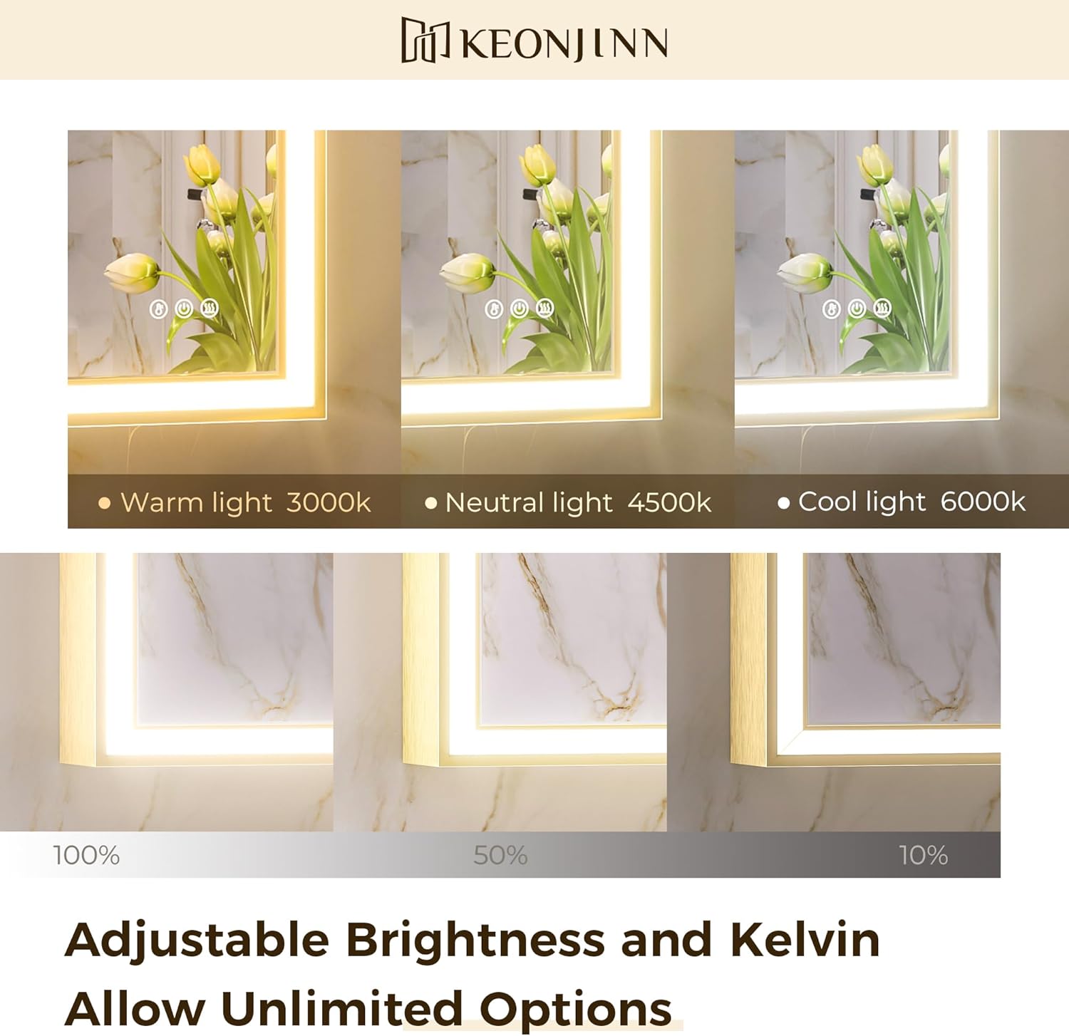 Keonjinn Espejo de baño LED dorado de 60 x 36 pulgadas con parte delantera, luz en ángulo de 45, difusor biselado, espejo de pared dorado con marco