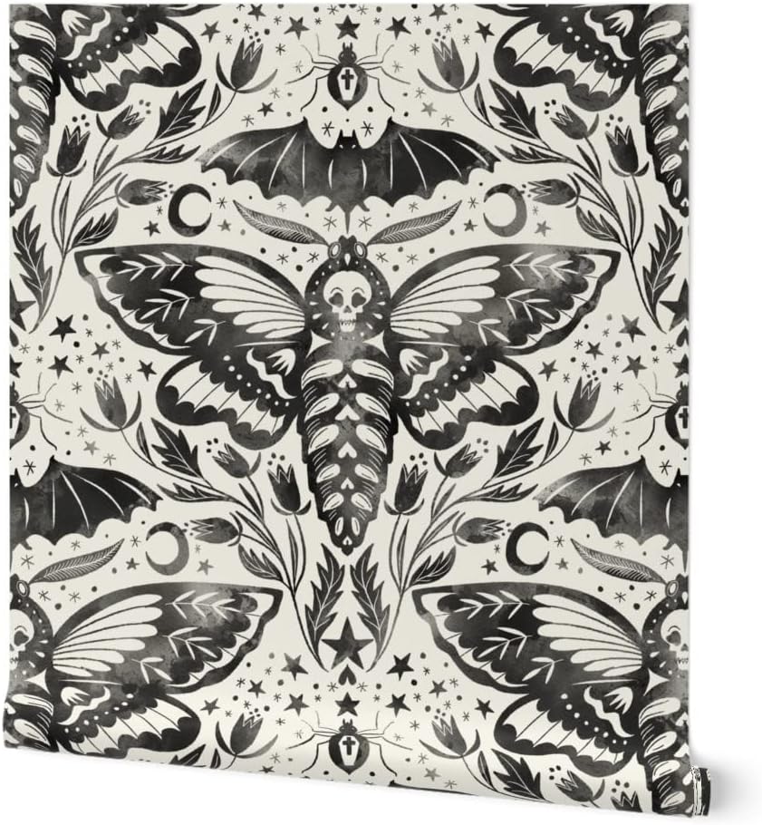Spoonflower Papel tapiz extraíble de 12 x 2 pies  Acuarela Calavera Polilla Damasco Negro Blanco Flor Estrellas Elegante Tinta Magia Papel pintado