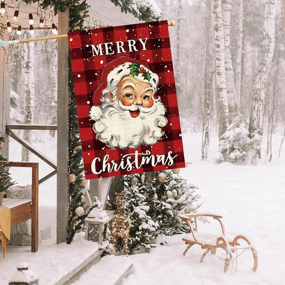 RABUSOFA Bandera de casa de Papá Noel con texto en inglés “Merry Christmas” de 28 x 40 pulgadas, de doble cara, vintage, a cuadros, decoración de