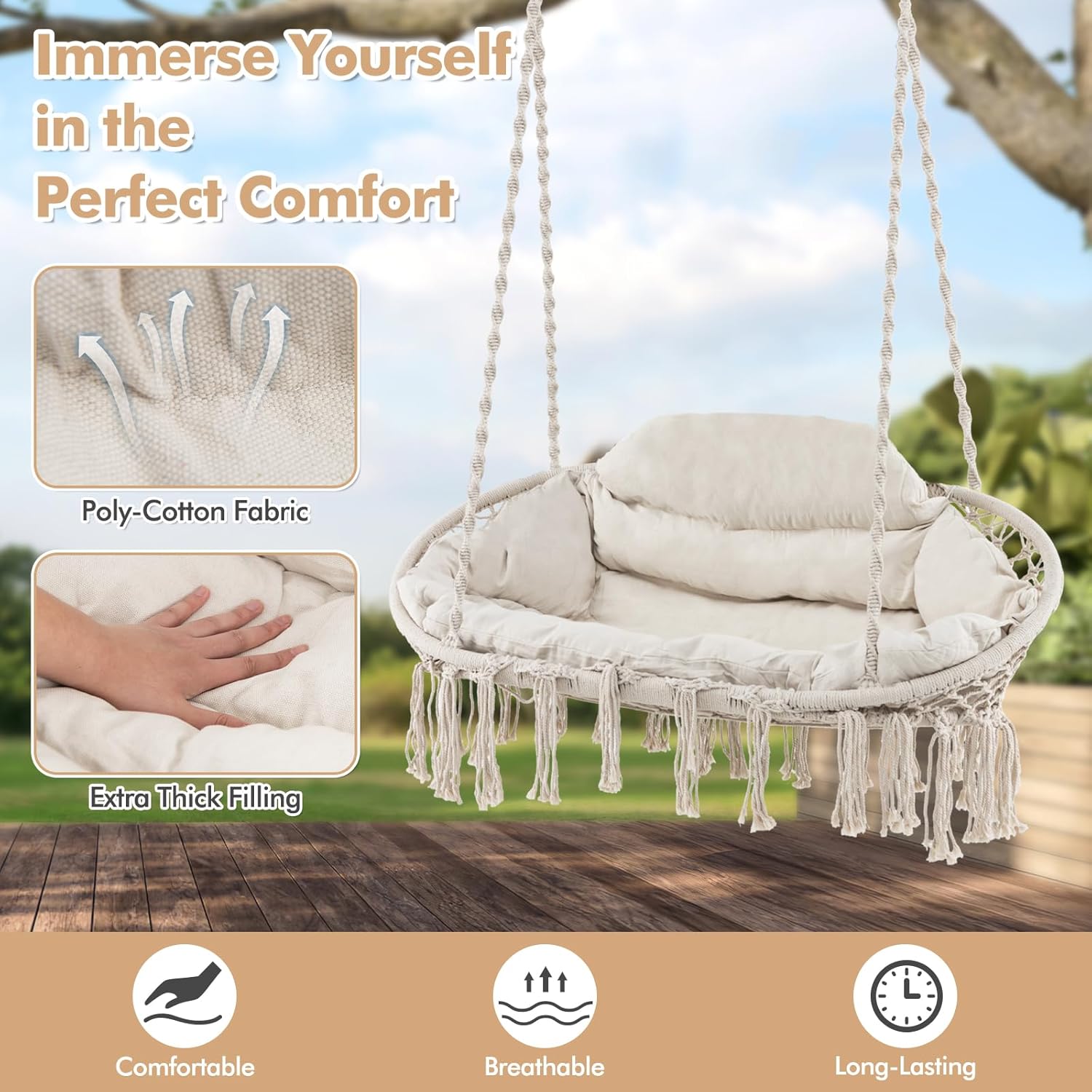 Tangkula 2-Person Hanging Hammock Chair, Boho Style Macrame Hammock Swing with Soft Cushions, Tassels, Indoor Outdoor Cotton Rope Hanging Swing