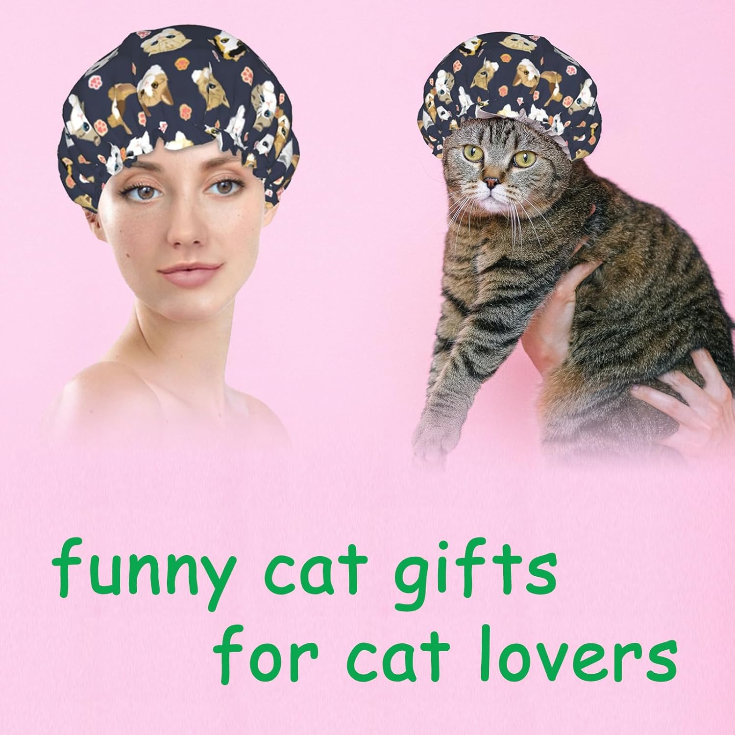 Gorro de ducha con diseño de pata de gato para mujer, gorro de ducha reutilizable e impermeable, doble capa con forro de Peva y banda elástica para