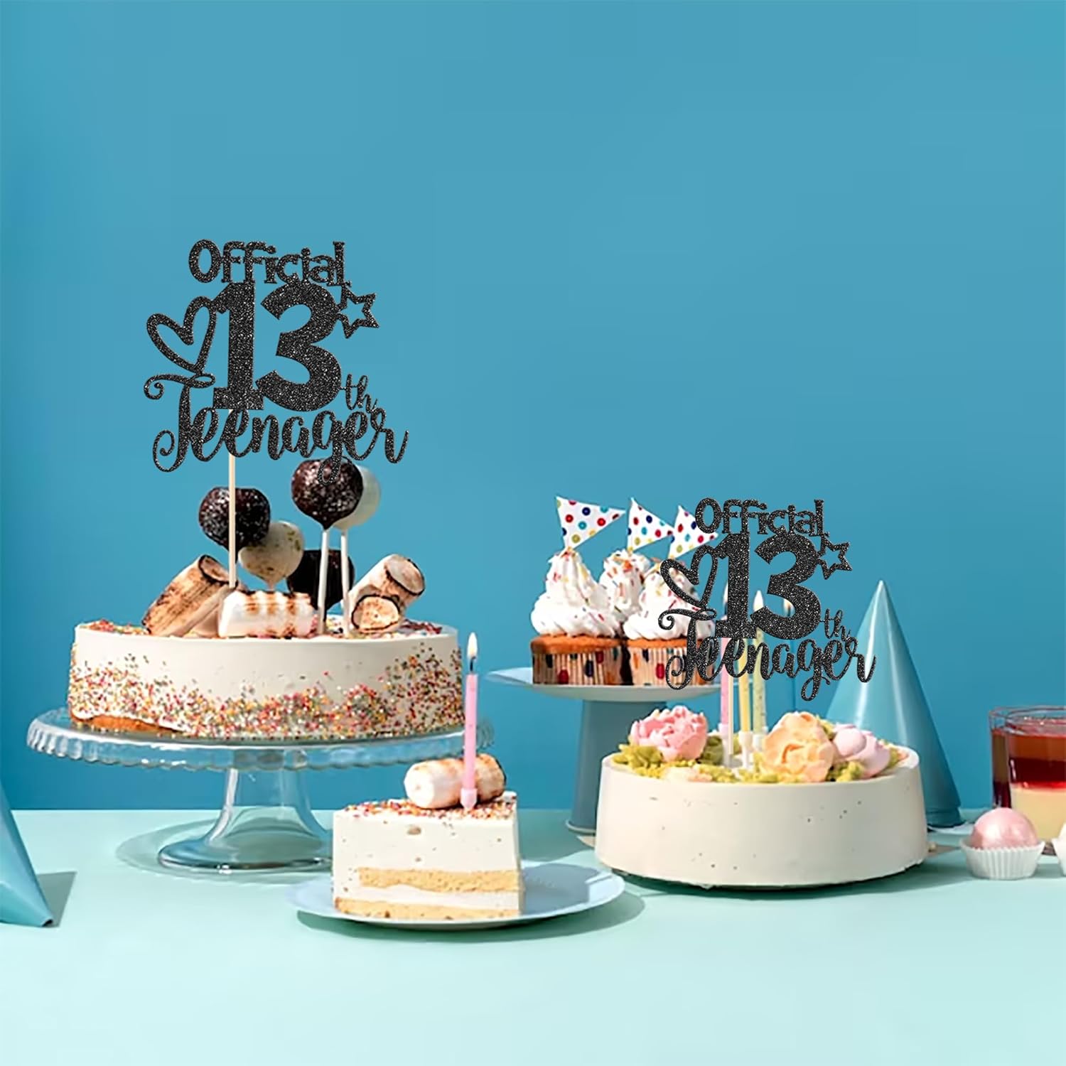 Rsstarxi 1 paquete de 13 decoraciones oficiales para tartas de adolescentes con purpurina negra para decoración de pastel de cumpleaños de 13 años,