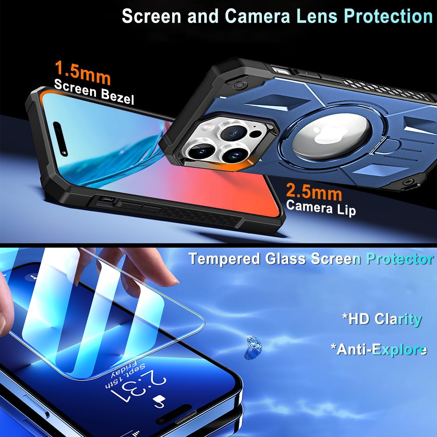 Funda MagSafe compatible con iPhone 14 Pro Max, soporte magnético plegable invisible, con anillo magnético, brillante de doble capa para iPhone 14