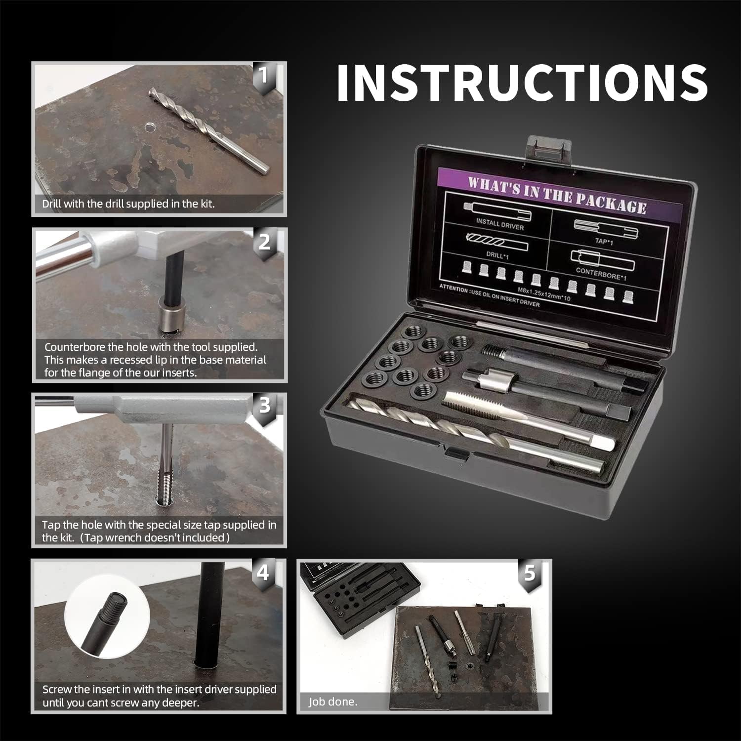 SENNMONN Kit de reparación de rosca M6X1.0 con taladro HSS de inserción de 0.370 in, grifo, controlador de instalación, avellanado, inserto de acero